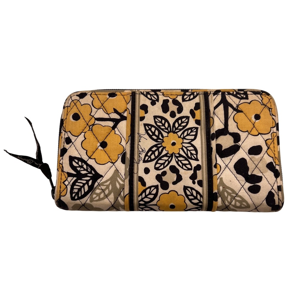 Vera Bradley Safari Sunset Zip Wallet Yellow Floral Leopard Quilted Cotton